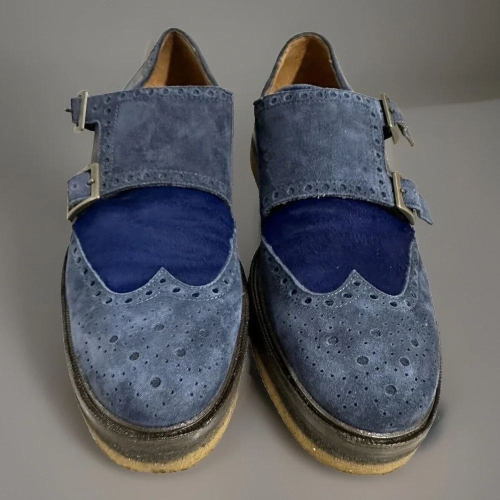Etro Mens Blue Suede Double Monk Strap Shoes UK 41 US 8.5